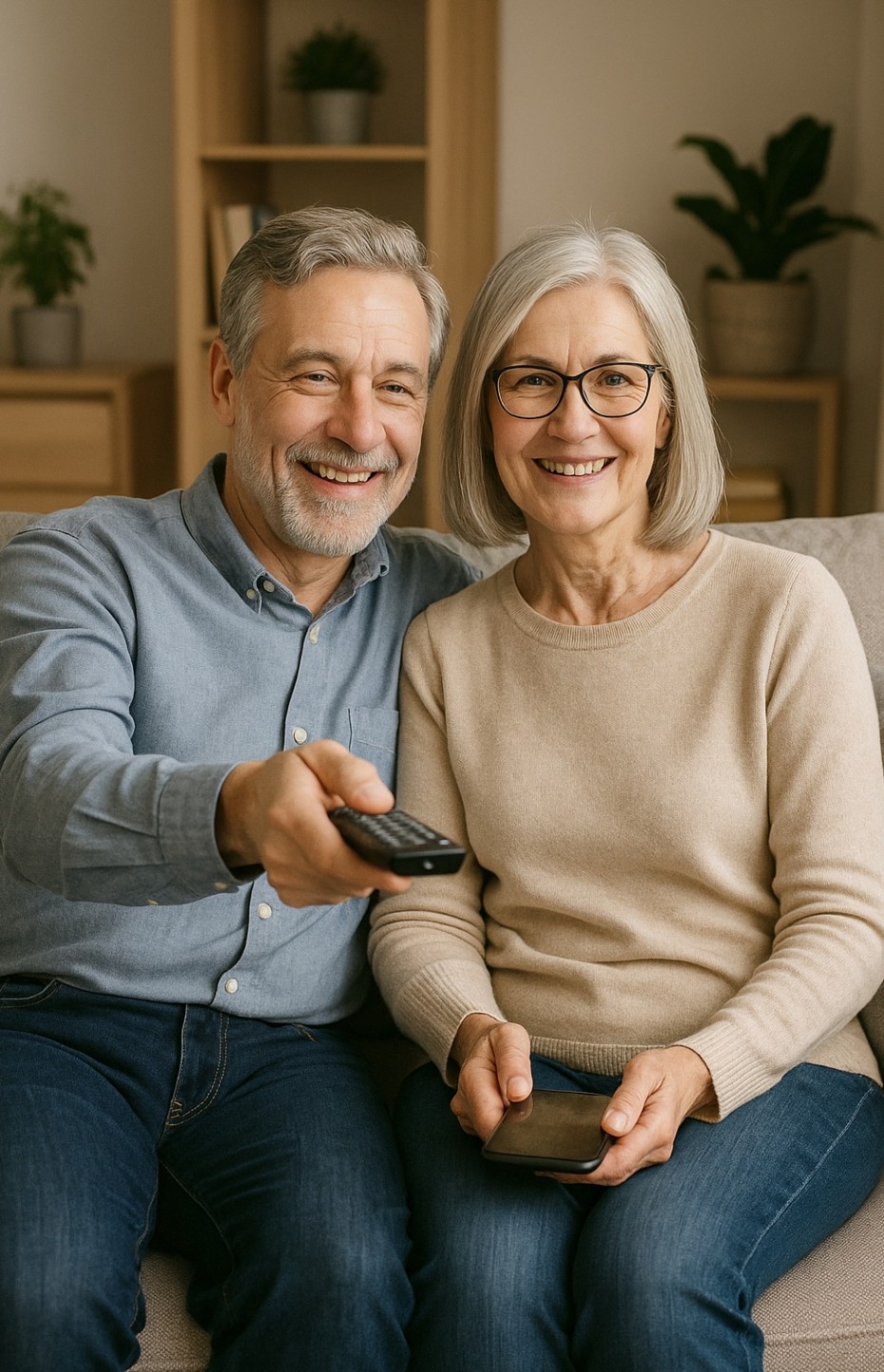 Älteres Paar auf dem Sofa mit Fernbedienung und Smartphone.